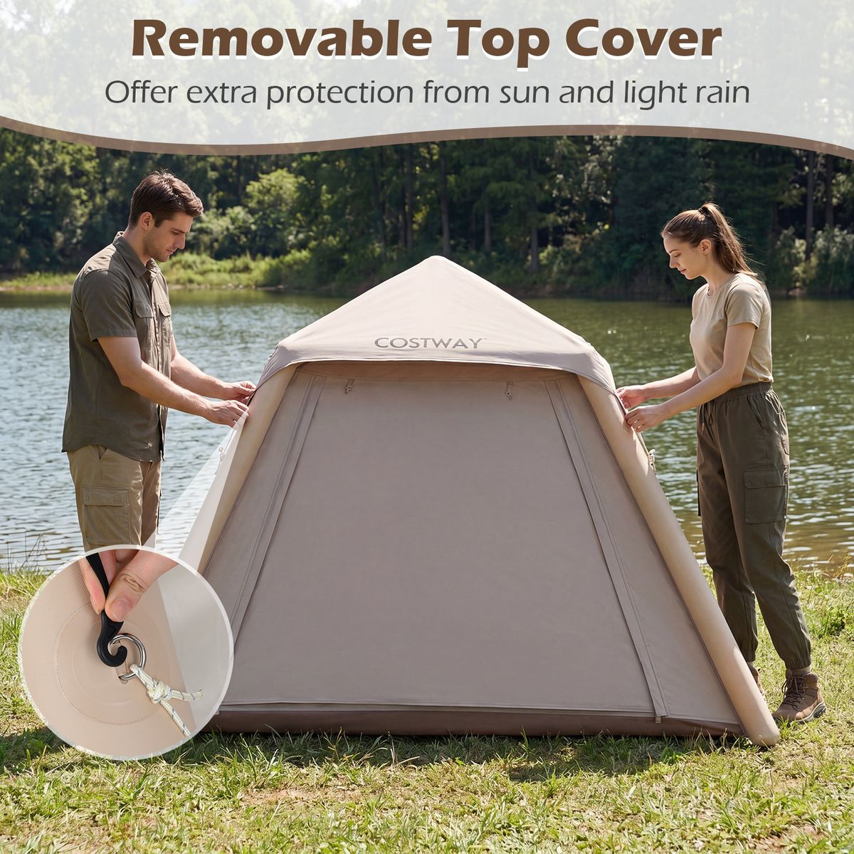 Coast aufblasbares Kuppelzelt – Schnell aufzubauen – Mit abnehmbarem Vordach – Khaki 230 x 230 x 163 cm