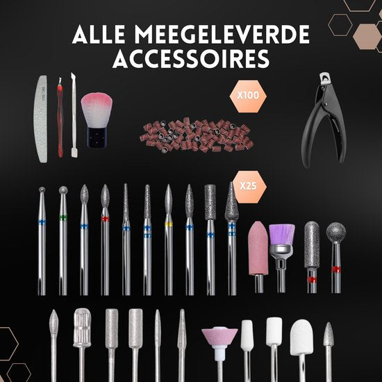 Beeperfect® Elektrische Nagelfeile Ultimate Edition - Nagelfräse - Maniküre- und Pediküre-Set - Kabellos - Inklusive 25 Bits 100 Schleifrollen und 5 Zubehörteile - Mit Fußpedal - 35000RPM