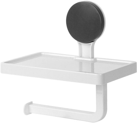 Bathroom Solutions – Toilettenpapierhalter mit Ablage – Weißer Kunststoff – Befestigung mit Saugnapf – Klassisches Design