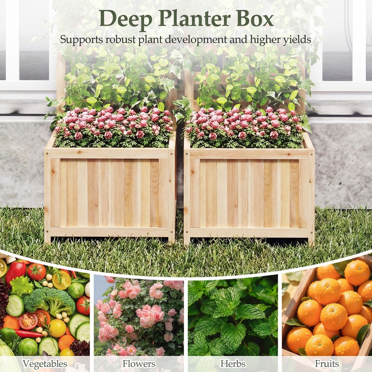 Coast Hochbeet aus Holz mit Klettergitter – mit Abflusslöchern – verstellbare Seitenteile – naturfarben – 123 cm
