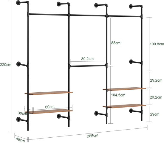 SoBuy Wandgarderobe mit 4 Kleiderstangen und 4 MDF-Regalböden, offener Kleiderschrank, Tragkraft 120 kg für das Schlafzimmer, 265 x 48 x 220 cm, Industrial-Schwarz KLS19-SCH