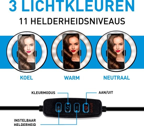 Grundig Ringlampe mit Stativ und Handyhalterung - Verstellbar bis zu 210cm - Geeignet für TikTok und YouTube - 3 Lichtmodi