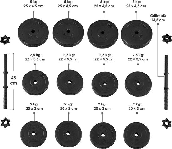 Hantelset / Kurzhanteln 40 kg - 2-teilig - Sandgefüllt - Halterung mit Star Clips