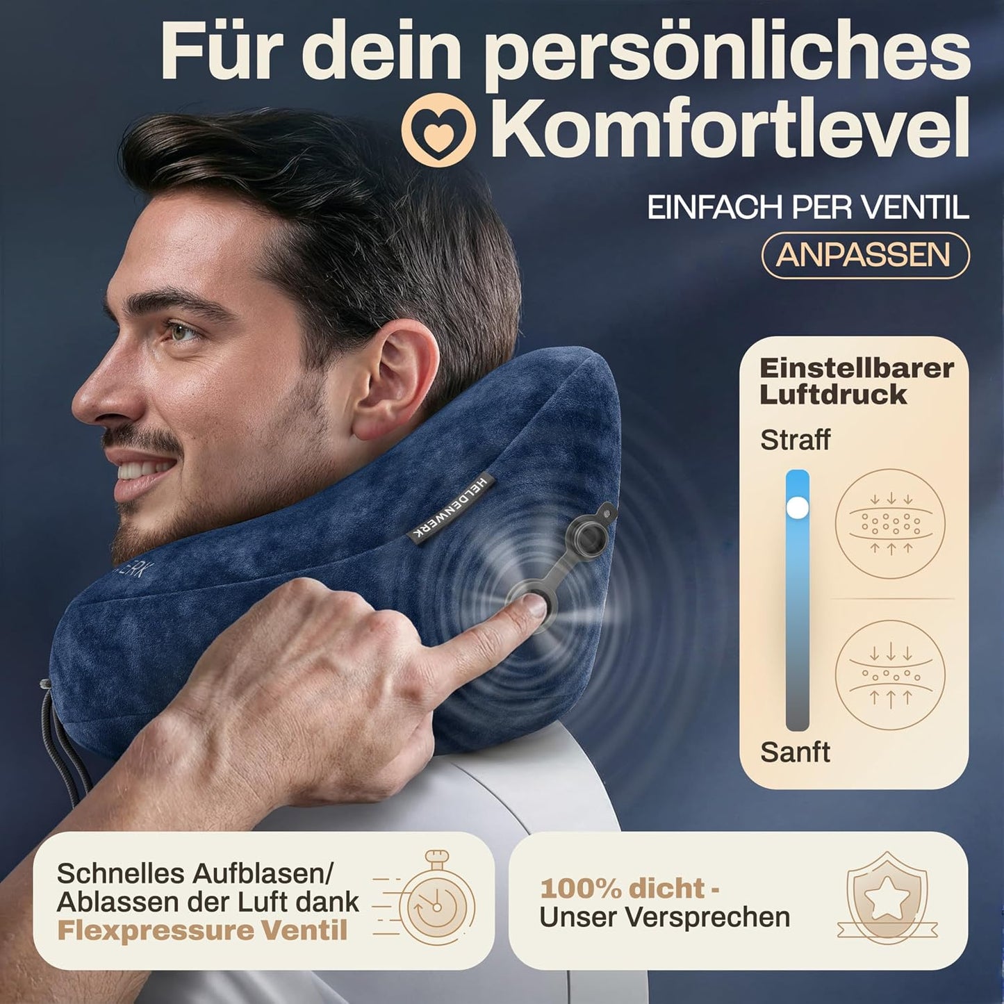 Heldenwerk Premium Air Aufblasbares Nackenkissen – Dunkelblau – Inklusive Kapuze und Ohrstöpseln