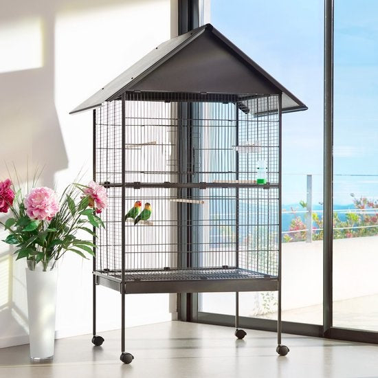 tectake - Vogelkäfig - Voliere - mit Spitzdach - 168 cm hoch - auf Rädern