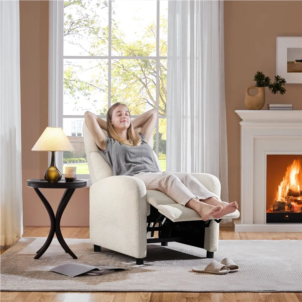 Yaheetech Relaxsessel – Verstellbare Rückenlehne – Fußstütze – Bouclé – Cremefarben