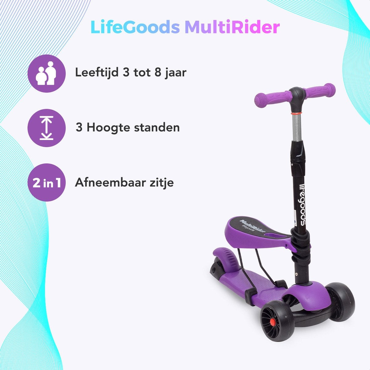 LifeGoods MultiRider Kinder-Roller - Stufe 3-8 Jahre - Verstellbarer Sitz - Leuchtende Räder - Jungen/Mädchen - Lila