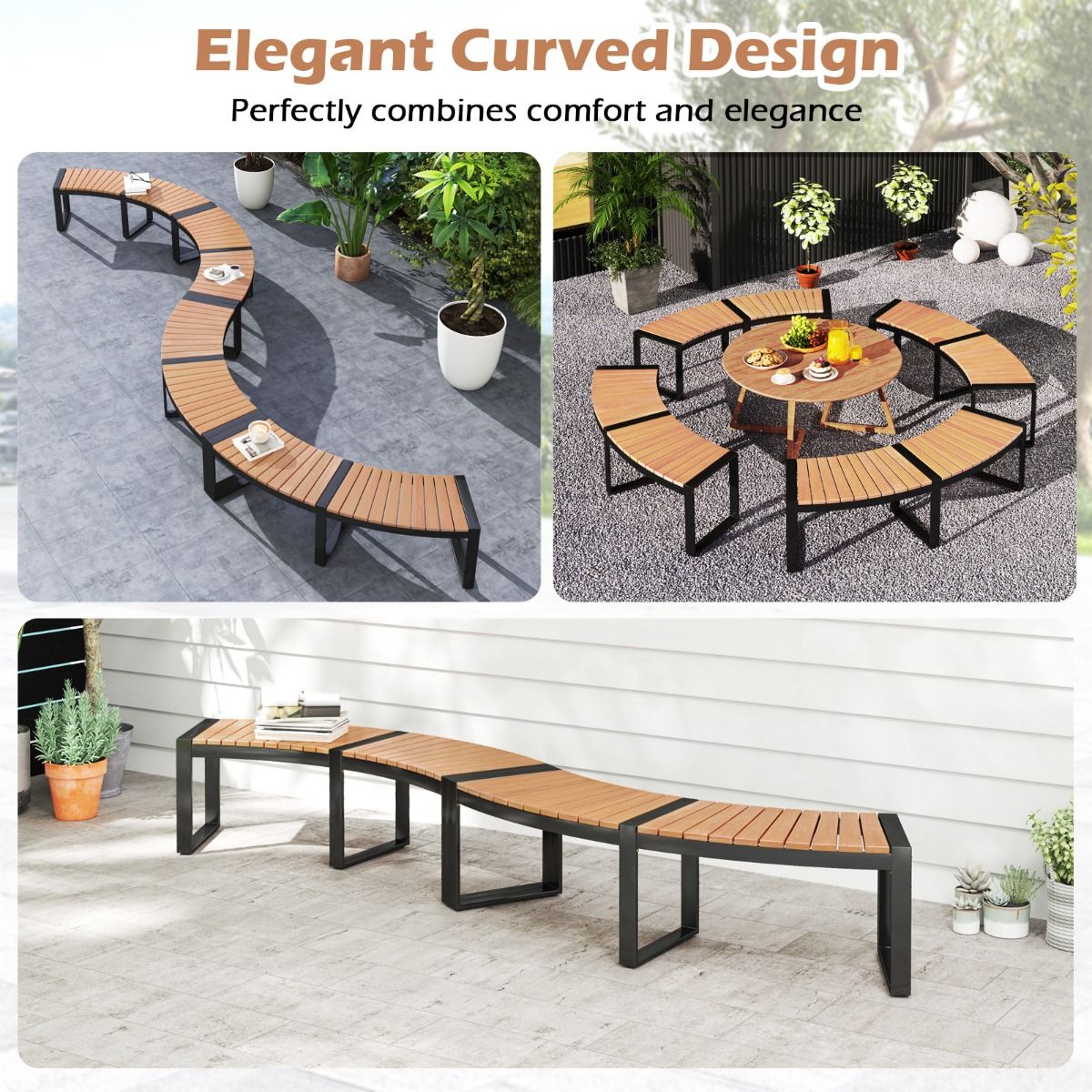 Coast Terrassenbank aus gebogenem Akazienholz – Sitzbank für 2 Personen – 146 x 58 x 45 cm – Gelb/Schwarz