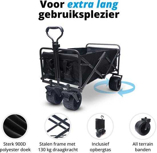 FlinQ Bolderkar mit Dach bis zu 130 KG - faltbar - Strandtrolley mit Schiebestange - zusammenklappbarer Strandtrolley - 100L Kapazität mit Schwenkrädern - Schwarz