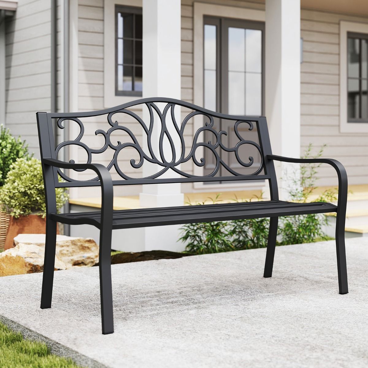 coast Gartenbank Schwarz - Gusseisenrücken mit Blumenmuster - 127 x 61 x 89 cm - 2-3 Personen Terrassenbank mit Armlehnen