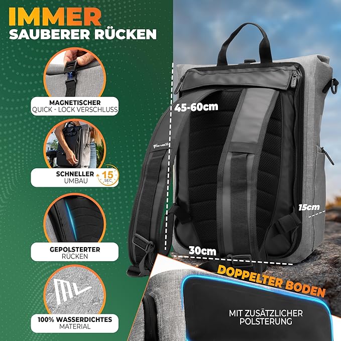 MIVELO Pannier - 3-in-1-Rucksack & Umhängetasche - Wasserdicht - 25 Liter - Grau