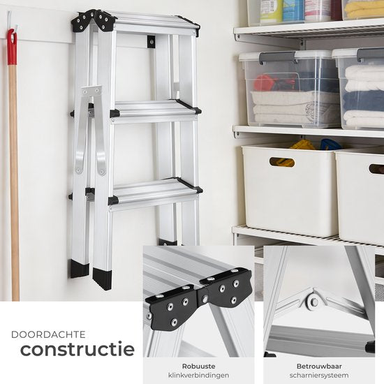 tectake® Doppelseitige Aluminium-Küchenleiter – 3 Sprossen – 58 cm – Stabile Leiter – Zusammenklappbare Trittleiter – Rutschfeste Haushaltsleiter