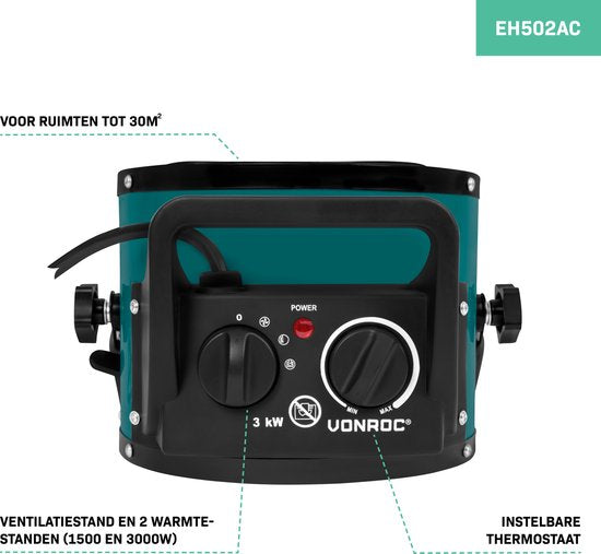 VONROC Elektroheizung - Heizstrahler - 3000W - 3 Einstellungen - Keramikelement - für Räume bis zu 30 m2