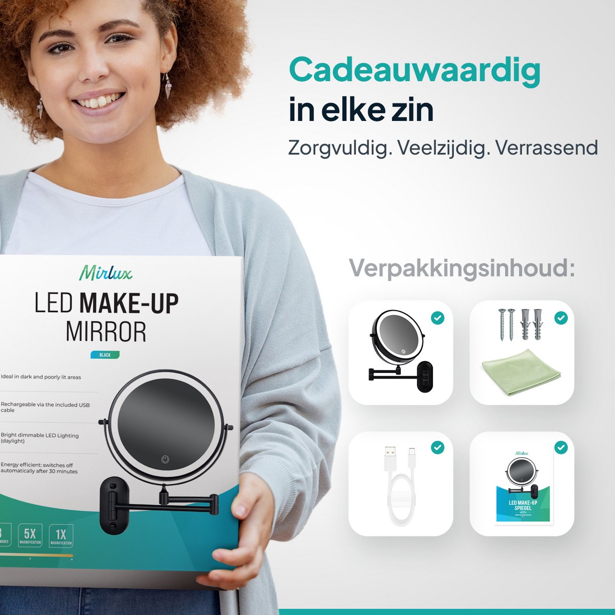 Mirlux Make-up-Spiegel mit LED-Beleuchtung - 20 cm - Wiederaufladbar - 1x & 5x Vergrößerung - Schwarz - Rasier- und Badezimmerspiegel