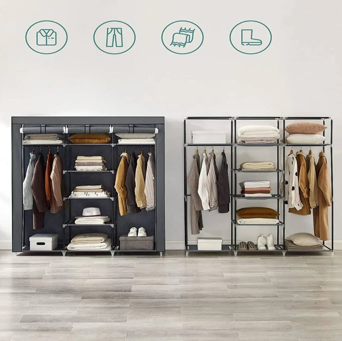 Kleiderschrank, Wäscheschrank 150 x 175 x 45 cm – Grau – 2 Kleiderstangen – Einlegeböden – Zusammenklappbar