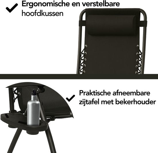 Brixy Faltbarer Gartenstuhl - Liegestuhl - Faltbar - Verstellbar - Ergonomisches Kopfkissen - Metall - Textil - Schwarz