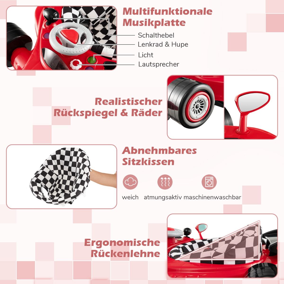 Coast 4-in-1-Lauflernwagen – höhenverstellbar – abnehmbares Spielbrett – rosa