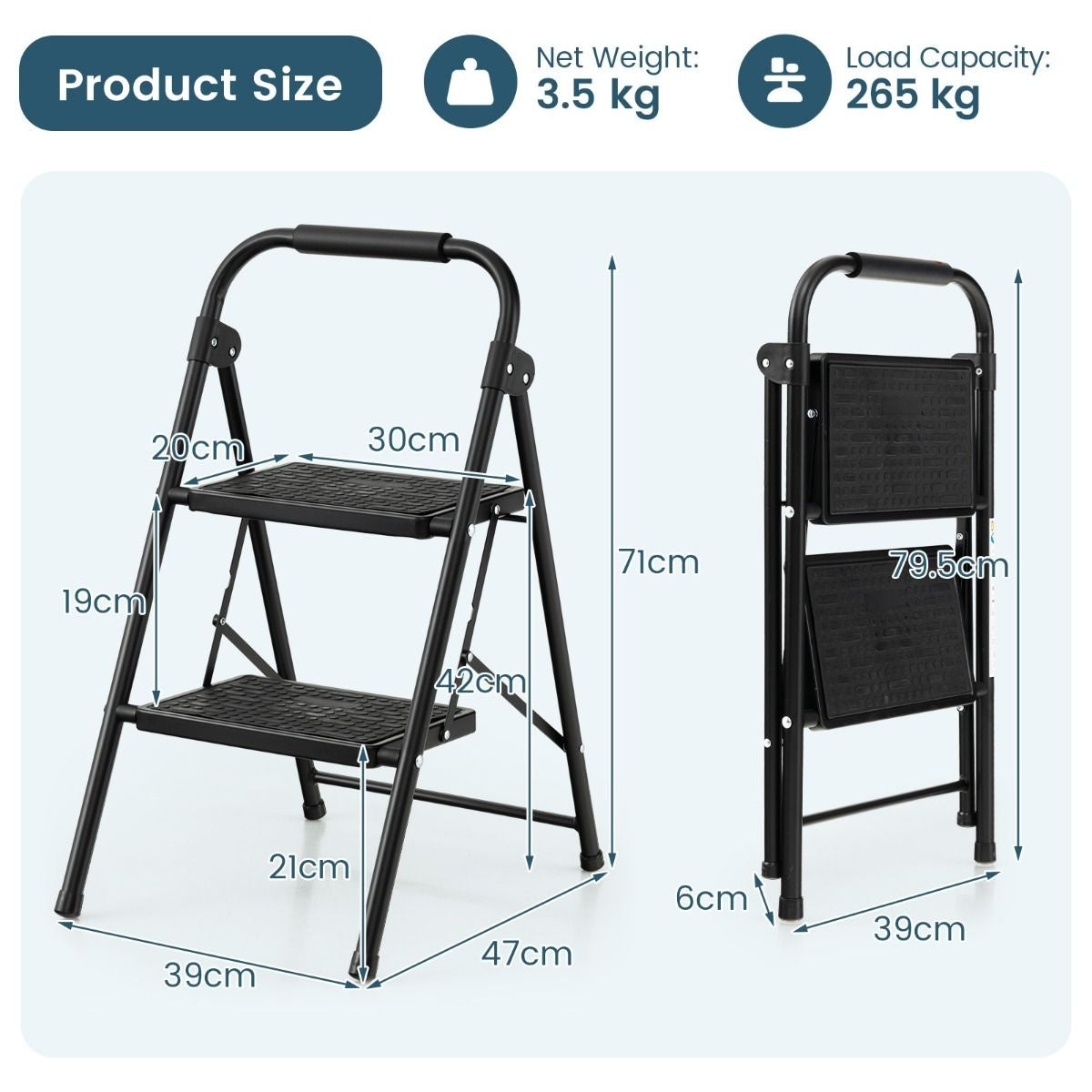 Coast Küchenleiter - 2 Stufen - Max 265 kg - 47 x 39 x 71 cm - Schwarz