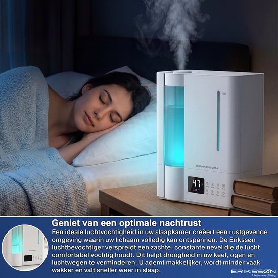 Erikssøn Luftbefeuchter Elite – 8 Liter – Geeignet für Wohnzimmer, Büro, Schlafzimmer, Babyzimmer – Luftbefeuchter – Mit Aromatherapie – Weiß