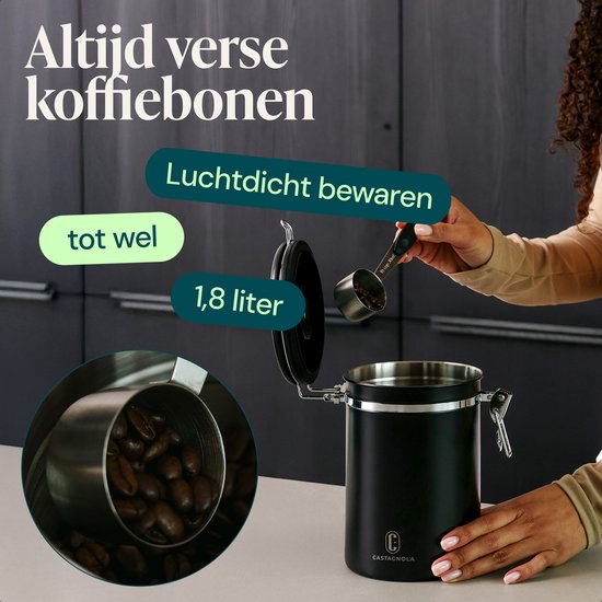 Castagnola Kaffeevorratsbehälter 1,8L - Mattschwarz - Luftdicht mit CO2-Auslass - 600 Gramm - 12,5 x 12,5 x 19 cm