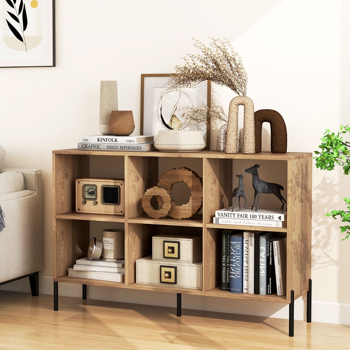 Coast Bücherregal – 6 Fächer – 2 Ebenen – verstellbare Einlegeböden – weiß/natur
