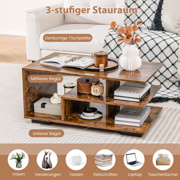 Coast Couchtisch mit 3 Ebenen – 90 x 50 x 42 cm – Natur/Weiß oder Rustikal-Braun