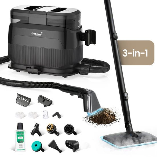 GoScrub® 3-in-1-Teppichreiniger PRO mit Bodenwischer – Dampfreiniger und Fleckenentferner für Sofas und Teppiche – 100 °C Dampf – Sofa-Reiniger – Möbelreiniger – Sitzmöbel-Reiniger
