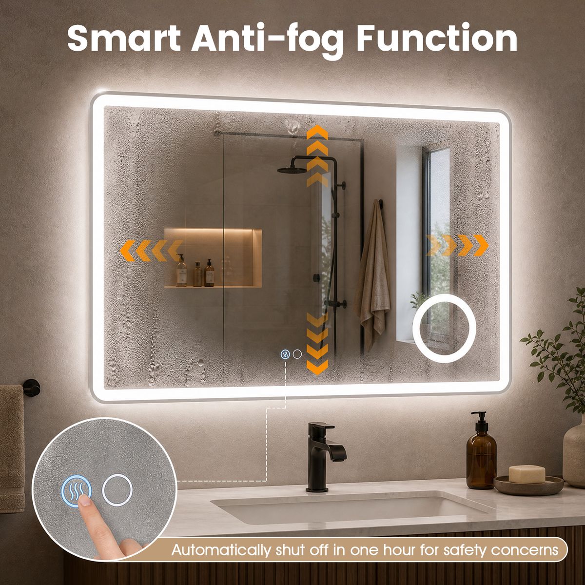 Coast LED-Badezimmerspiegel – integrierter 3-fach-Vergrößerungsspiegel – dimmbares Licht – 80 x 60 cm – silber