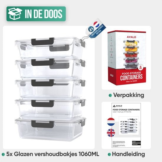 Avalo Einmachschalen Glas - Mahlzeit Vorbereitung Trays - Gefrierschrank Trays - mit Deckel - 5 Stück 1060ml