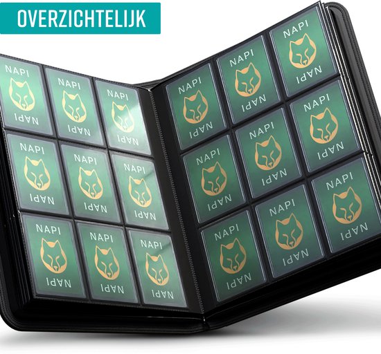 NAPI Toploader Pro Binder für 288 Karten - Premium Sammelmappe Toploader mit Reißverschluss - Sammelkartenmappe - 9 Fächer - Kunstleder - Schwarz