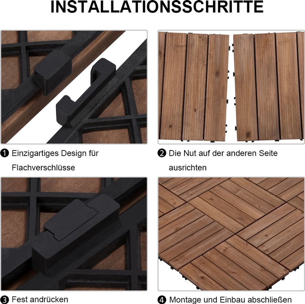 Yaheetech Holz-Klickfliesen – 11 Stück – ca. 1 m² – 30 x 30 cm – Braun