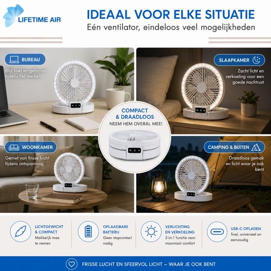 Lifetime Air Tischventilator, wiederaufladbar – Mini-USB-Ventilator, 1200 mAh – 5 Geschwindigkeitsstufen und LED-Anzeige – 21 x 20,5 x 23 cm – Weiß