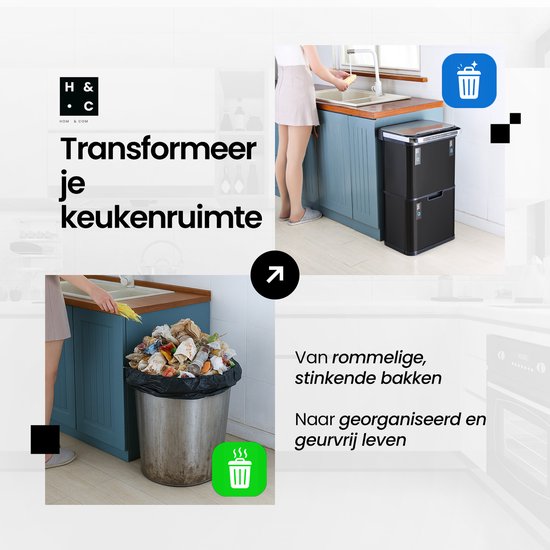 Hom&Com Mülleimer mit 3 Fächern, 60 l, schwarz – Automatischer Mülleimer mit Sensor – Soft-Close-Deckel, Ozonfunktion und Geruchsfilter für die Mülltrennung