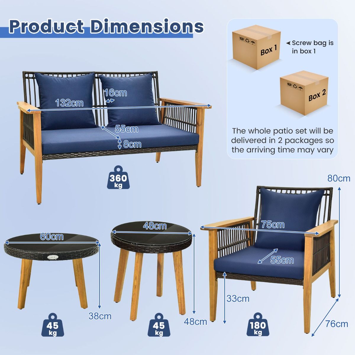 Coast 5-teiliges Rattan-Möbel-Set für den Außenbereich Braun mit marineblauen Kissen - 2 Stühle, Loveseat und 2 Couchtische (Stuhl 75x76x80 cm, Loveseat 132x76x80 cm, Tisch Ø48 cm & 60x38 cm)