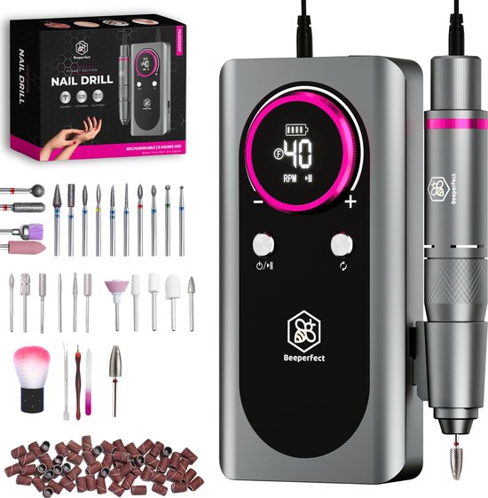 Beeperfect® Elektrische Nagelfeile Pocket Edition - Maniküre- und Pediküre-Set - 6000MaH Akku - Inklusive 26 Bits, 60 Schleifrollen und 5 Zubehörteile