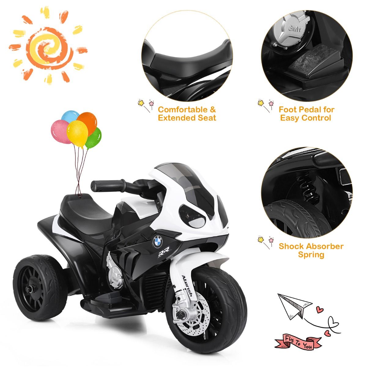 Coast - Elektrisches Kindermotorrad 3-Rad - 6V, wiederaufladbar, Max. 20 kg - 66 x 37 x 44,5 cm - PP/Eisen - Schwarz/Weiß