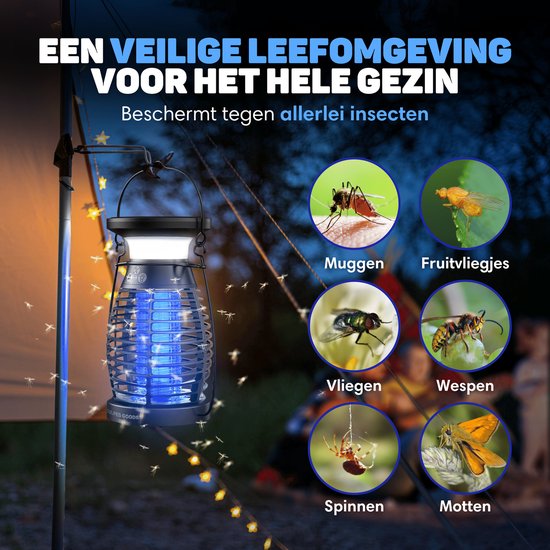 Vulpes Goods® Repellent Mückenlampe PRO - Elektrischer Insektenvernichter - UV-Modus & Nachtlicht - Aufhängbar - Wiederaufladbar & Solar - Wasserdicht - Inkl. Auffangschale & Reinigungsbürste
