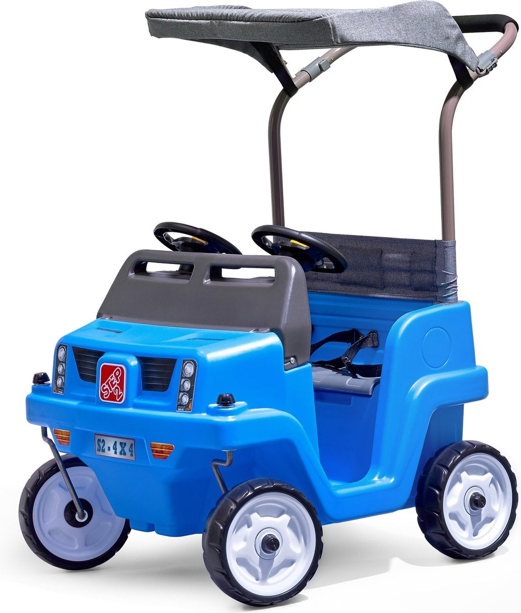 Step2 Lauflernwagen Side-By-Side Push Around SUV in Blau - Lauflernwagen für 2 Kinder - Verdeck für Schatten - Lauflernwagen mit Schiebebügel & Verdeck - Für Kinder ab 2 Jahren