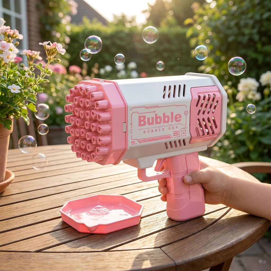 KNYYSECQ Kinderspielzeug für draußen: Schaum- und Seifenblasenmaschine mit 40 Löchern und Beleuchtung – rosa und weiß