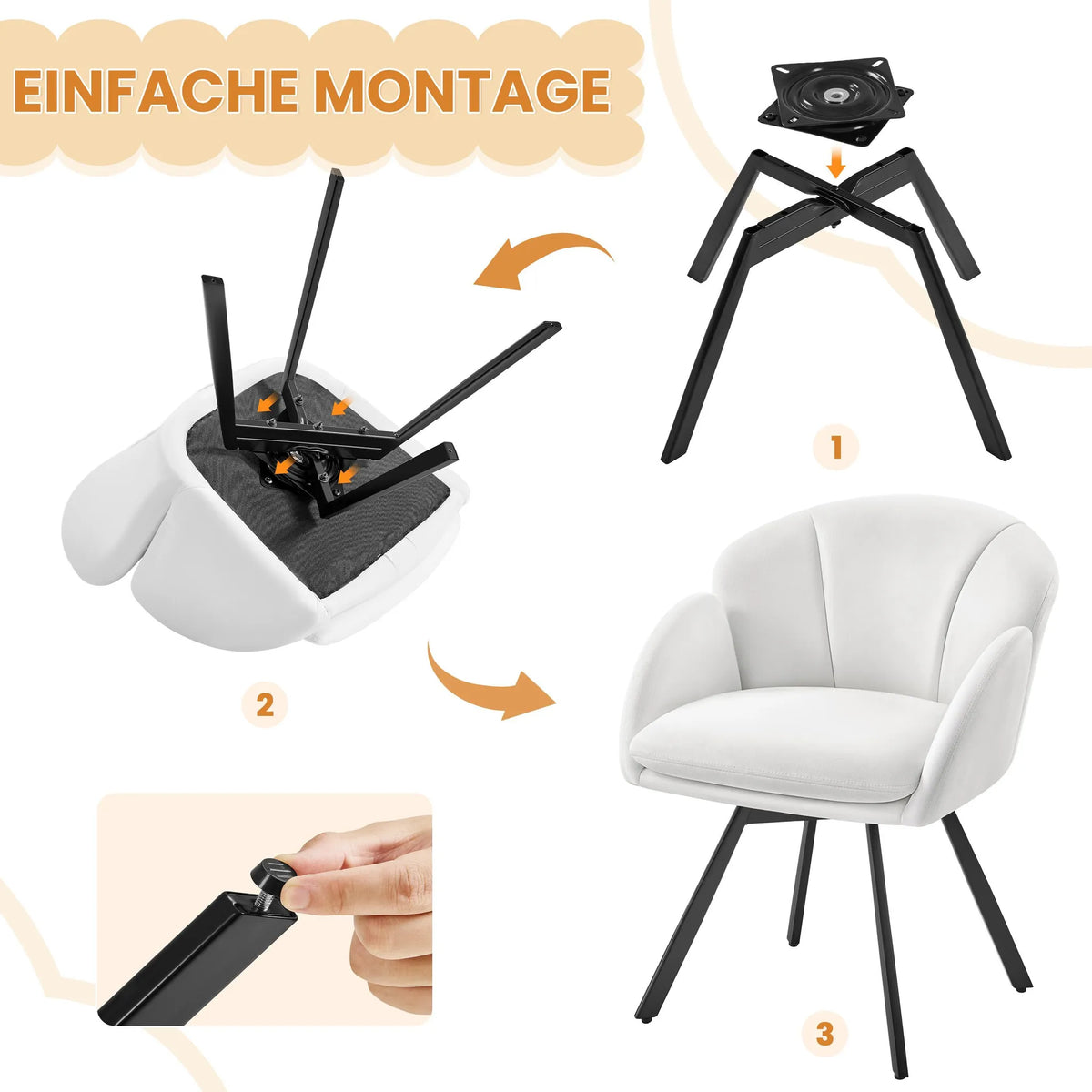 Yaheetech Drehstuhl Floral - Mit 360°-Drehmechanismus und abnehmbarem Sitzkissen und X-förmigem Metallgestell - Für Schlafzimmer und Home Office - Weißer Bouclé und Metall - 57 x 61 x 75 cm