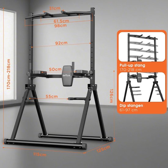 DH FitLife Foldable Power Tower Dip Station bis 210 kg | Freistehende Klimmzugstange mit Dip Bars und Rückentrainer | Power Station Strength Tower