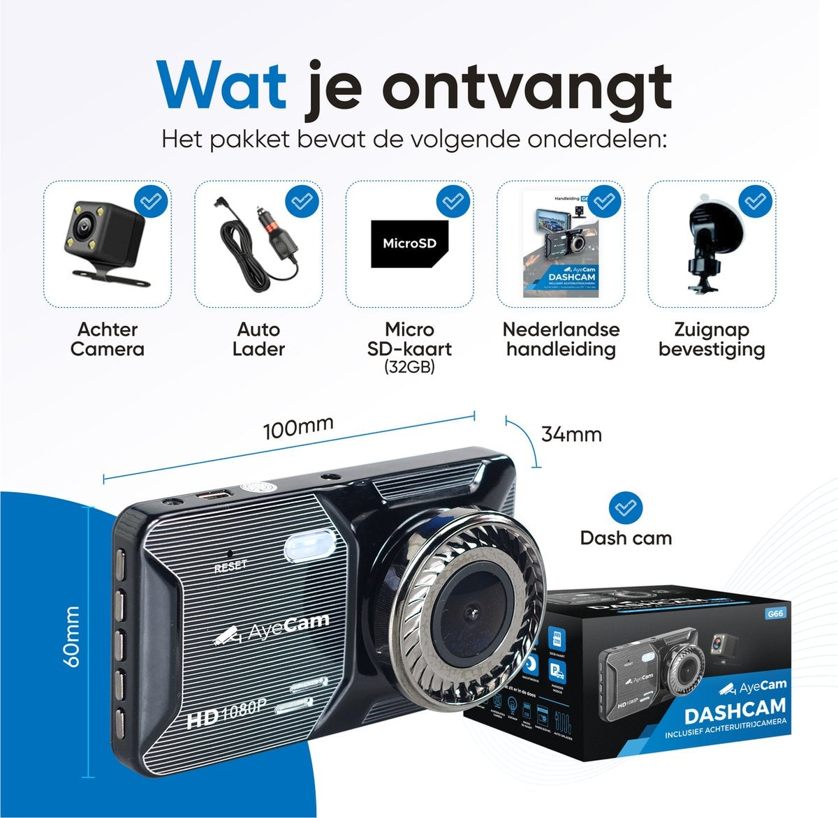 AyeCam Dashcam Pro - Dashcam für Auto vorne und hinten - FULL HD & Nachtsicht - G-Sensor - Inkl. 32GB SD