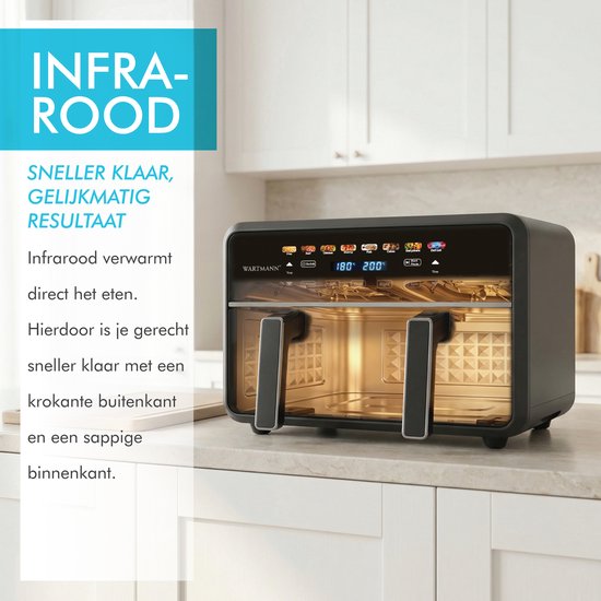 Doppel-Heißluftfritteuse XXL 11 l - PFAS-freie Heißluftfritteuse – Infrarot – Dual Zone – 2 x 5,5 l – 40–200 °C – 8 Kochprogramme – 2850 W – WM-2511 AF – Schwarz