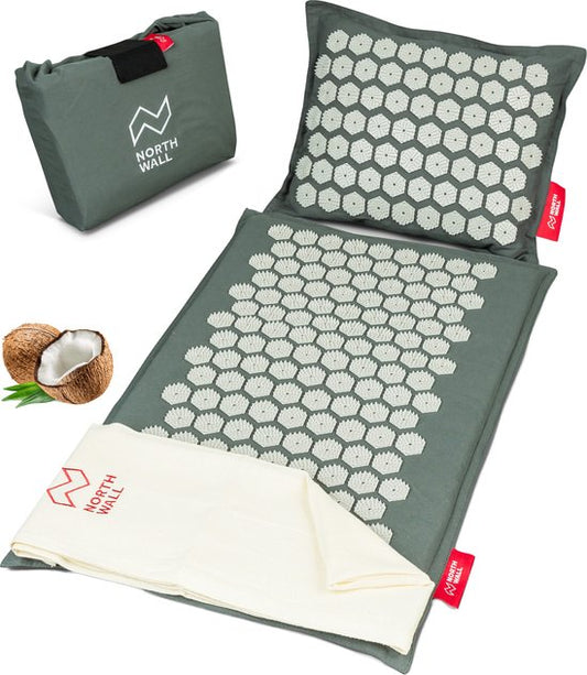 Northwall Nagelmatte mit Kissen & Tragetasche - Akupressurmatte mit Nagelkissen - Nagelbett - Akupunktur - Meditation - Shakti Massage - Grau