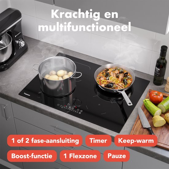 KitchenBrothers - Eingebautes Induktionskochfeld - 70 cm - 4 Kochzonen (2800W pro Zone) - Flex Zone & Turbo Boost - Glas & Keramik - Schwarz