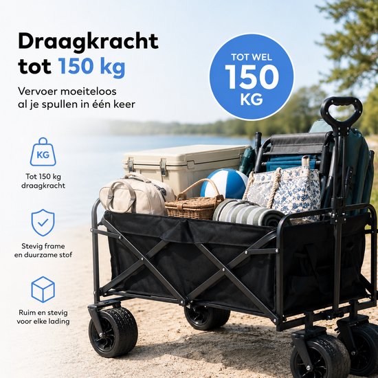 Faltbarer Handwagen – Zusammenklappbarer Handwagen 150 kg – Handwagen für Einkäufe – Strandwagen – Handwagen für den Transport von Kindern – Beachwagon – Handwagen für Kinder - Handkarren - Gartenwagen - Strand- & Festivalwagen - Bolderkarren - Transportw