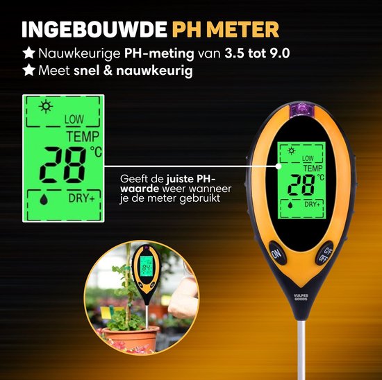 Vulpes Goods® Feuchtemessgerät für Pflanzen - 4-in-1 - Feuchtemessgerät - Innen und Außen - Hygrometer für Zimmerpflanzen - - pH, Lichtmessgerät, Temperaturmessgerät und Feuchtemessgerät - Bodenfeuchtemessgerät - PRO Version - inkl. Batterie