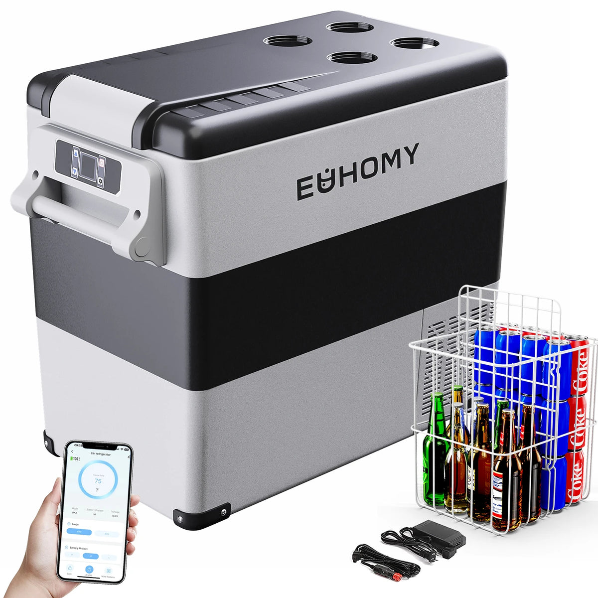Euhomy Kompressor-Kühlbox 49,4 Liter – 2 Fächer – Kühlen und Gefrieren –20 bis 20 °C – 12/24 V und 230 V – Steuerung über App