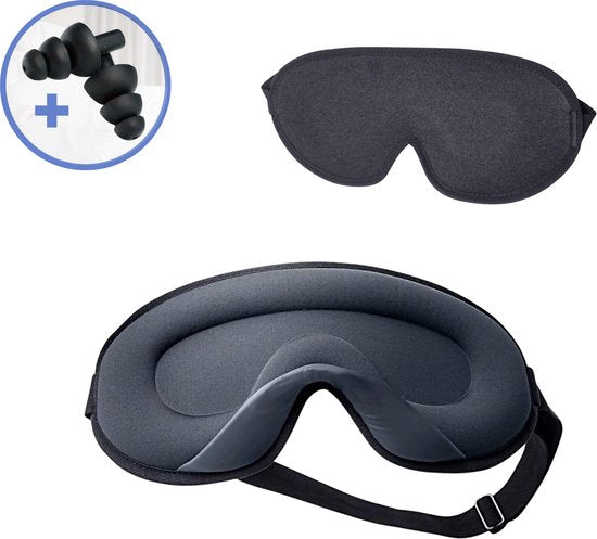 Hilvard - Schlafmaske - Augenmaske - Inklusive Schlaf-Ohrstöpsel - 100% Verdunkelung - Verstellbar - Ergonomisch - Schwarz