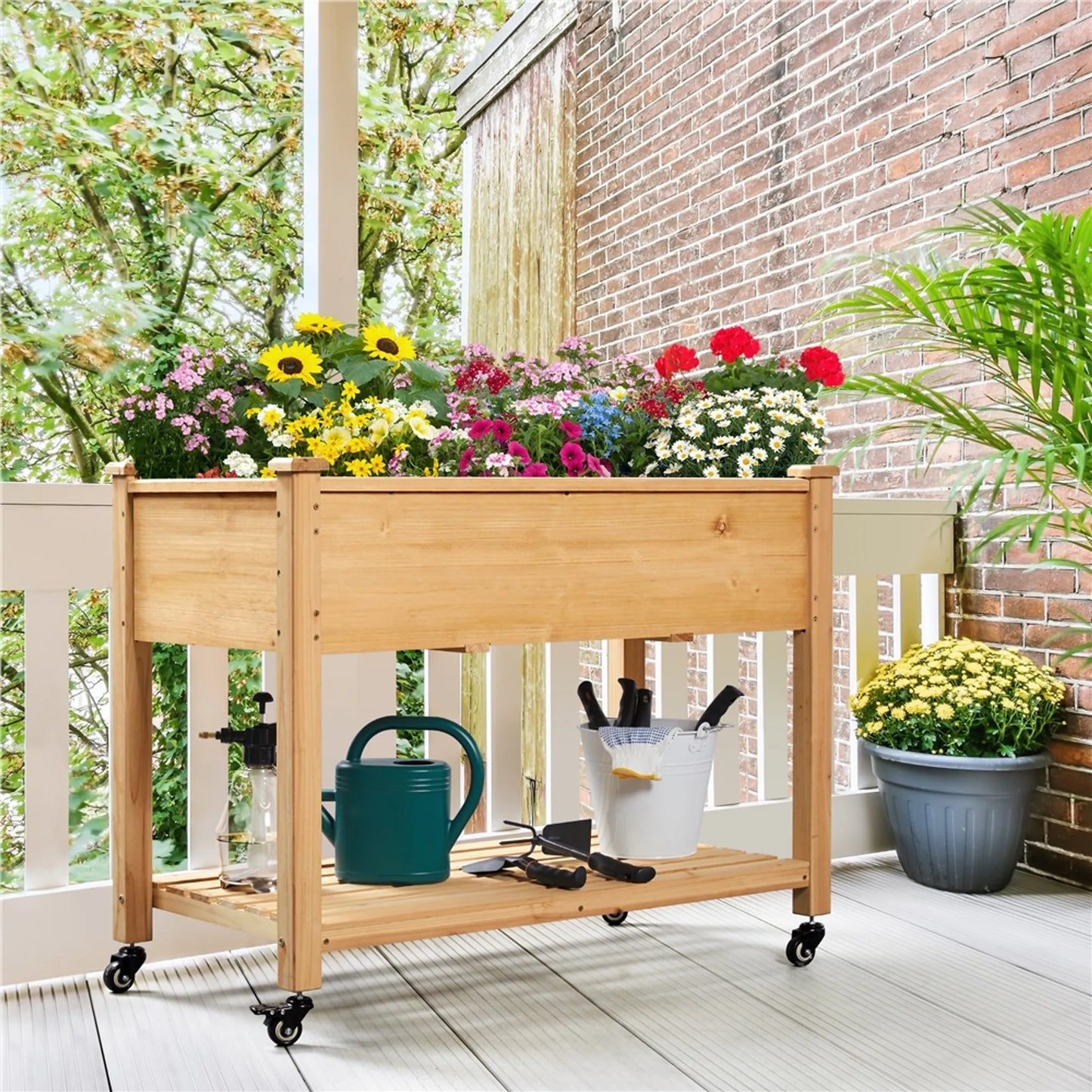 Yaheetech Pflanzgefäß auf Rädern - mit 4 Entwässerungslöchern und Aufbewahrungsbox und 360° Rollen - für Garten, Balkon und Terrasse - Fichte hellbraun - 105,5 x 56,5 x 83,5 cm